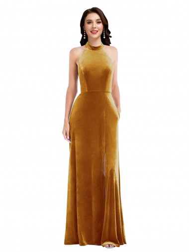 Or Trompette Licou Col Haut Velours Stretch Longue Robes demoiselle d'honneur / Robes de bal