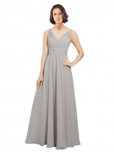 Oyster Argent Trapèze Col V Mousseline Longue Robes demoiselle d'honneur