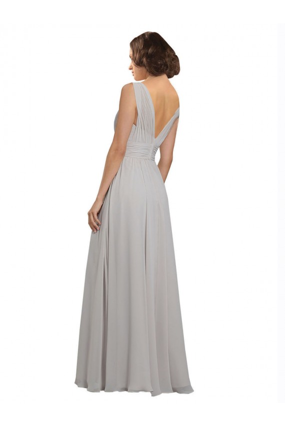 Oyster Argent Trapèze Col V Mousseline Longue Robes demoiselle d'honneur
