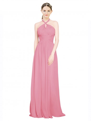 Peau Rose Trapèze Licou Col V Mousseline Longue Robes demoiselle d'honneur