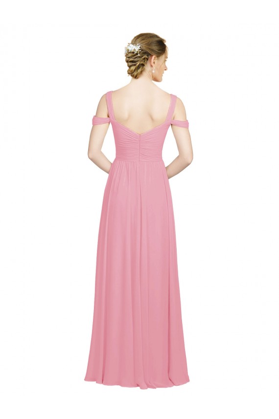 Peau Rose Trapèze Épaule Dénudée Mousseline Longue Robes demoiselle d'honneur