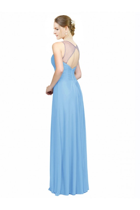 Periwinkle Trapèze Bretelles spaghetti Col V Mousseline Longue Robes demoiselle d'honneur