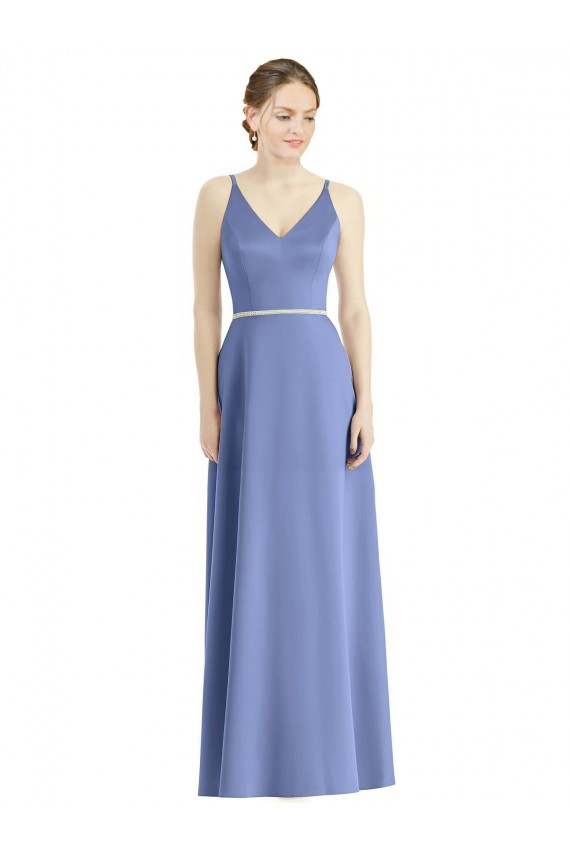 Periwinkle Trapèze Bretelles spaghetti Col V Satiné Longue Robes demoiselle d'honneur