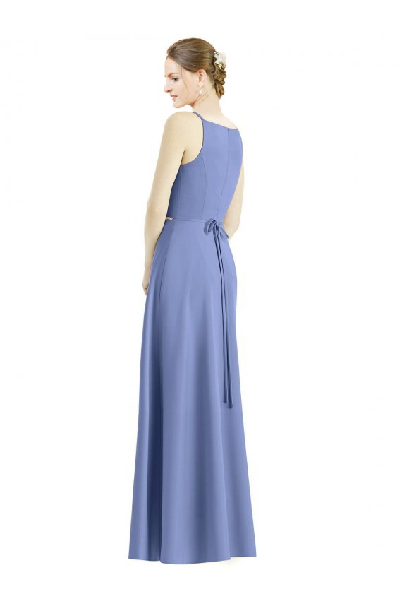 Periwinkle Trapèze Bretelles spaghetti Col V Satiné Longue Robes demoiselle d'honneur