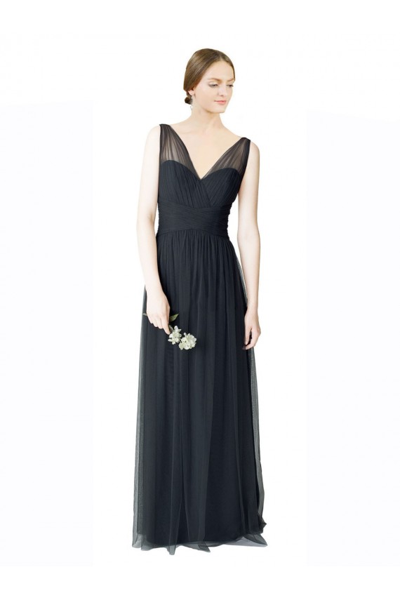 Pewter Trapèze Col V Tulle Longue Robes demoiselle d'honneur