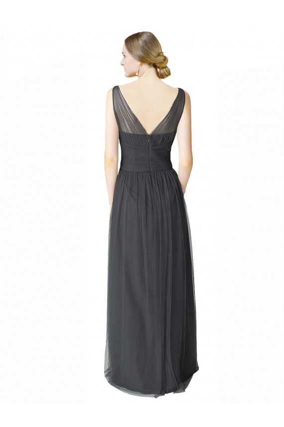 Pewter Trapèze Col V Tulle Longue Robes demoiselle d'honneur