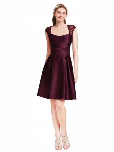 Pourpre Trapèze Col Carré Satiné Dentelle Courte Robes demoiselle d'honneur / Robes de cocktail