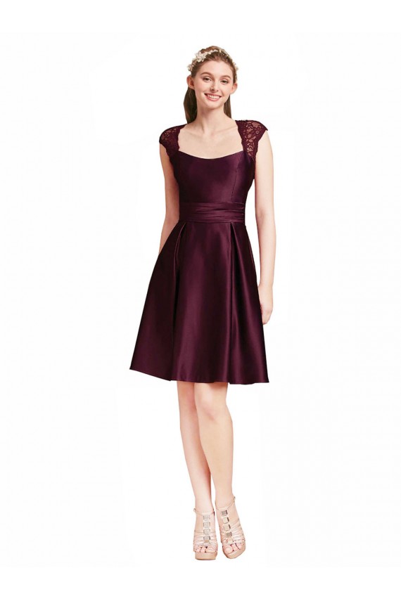 Pourpre Trapèze Col Carré Satiné Dentelle Courte Robes demoiselle d'honneur / Robes de cocktail