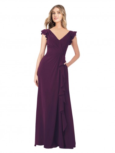 Pourpre Trapèze Col V Mousseline Longue Robes demoiselle d'honneur