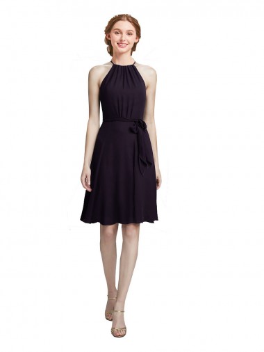 Pourpre Trapèze Licou Col Haut Mousseline Courte Robes demoiselle d'honneur / Robes de cocktail
