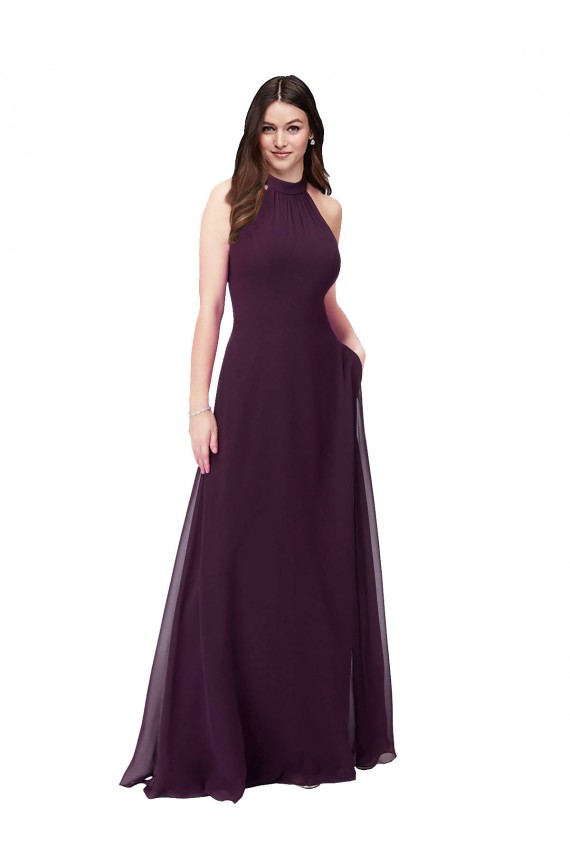 Pourpre Trapèze Licou Col Haut Mousseline Longue Robes demoiselle d'honneur