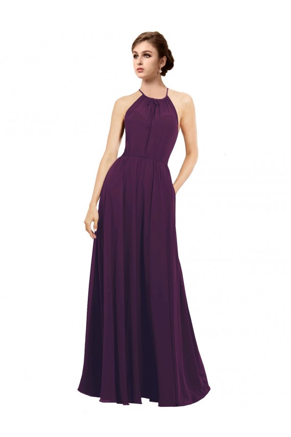 Pourpre Trapèze Licou Mousseline Longue Robes demoiselle d'honneur