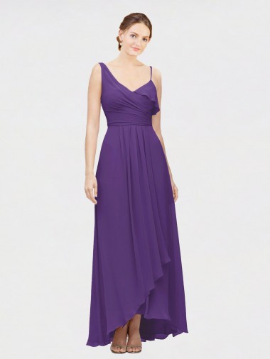 Prune Trapèze Col V Mousseline Longue Asymétrique Robes demoiselle d'honneur