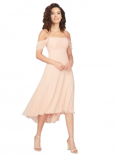 Rose Glacé Trapèze Col Carré midi Mousseline Courte Asymétrique Robes demoiselle d'honneur