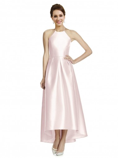 Rose Trapèze Bretelles spaghetti Satiné Longue Asymétrique Robes demoiselle d'honneur