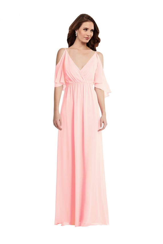 Rose Trapèze Col V Mousseline Longue Robes demoiselle d'honneur