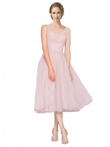 Rose Trapèze Col V Tulle Courte Robes demoiselle d'honneur / Robes de cocktail