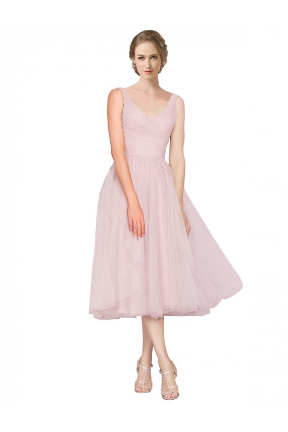 Rose Trapèze Col V Tulle Courte Robes demoiselle d'honneur / Robes de cocktail