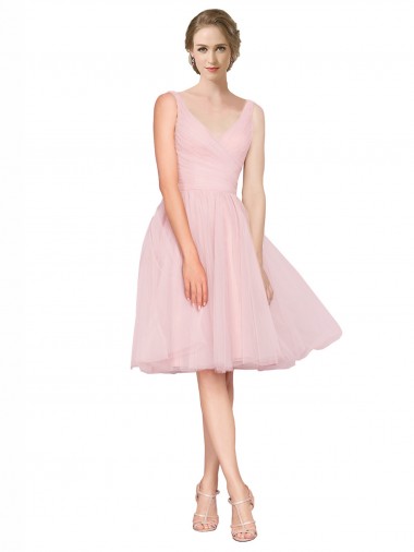 Rose Trapèze Col V Tulle Courte Robes demoiselle d'honneur / Robes de cocktail
