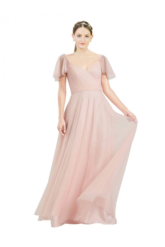 Rose Trapèze Col V Tulle Longue Robes demoiselle d'honneur