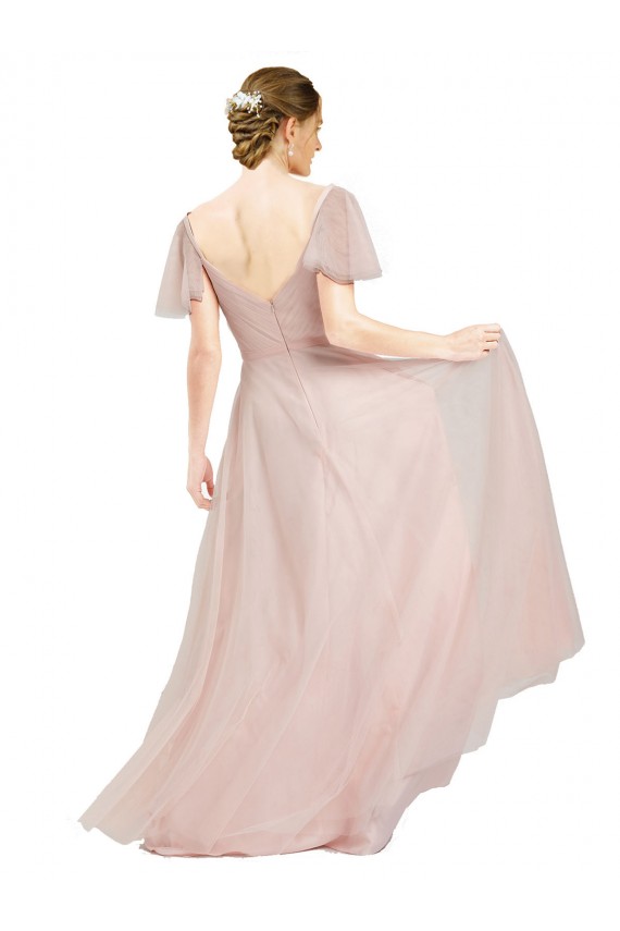 Rose Trapèze Col V Tulle Longue Robes demoiselle d'honneur