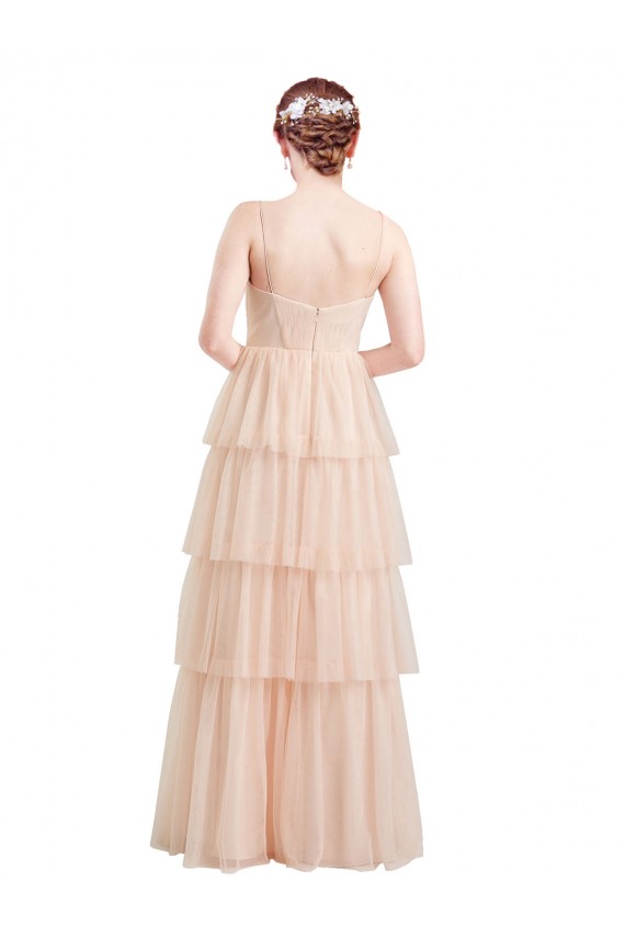 Rose Trapèze Col V Tulle Longue Robes demoiselle d'honneur