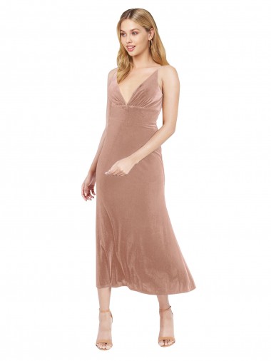 Rose Trapèze Col V midi Velours Stretch Courte Robes demoiselle d'honneur / Robes de bal / Robes de cocktail