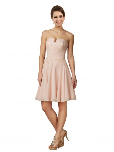 Rose Trapèze Mousseline Dentelle Courte Robes demoiselle d'honneur / Robes de cocktail