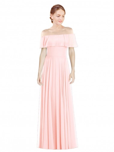 Rose Trapèze Épaule Dénudée Col Carré Mousseline Longue Robes demoiselle d'honneur