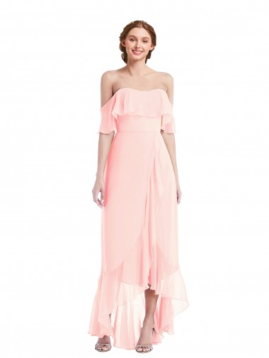 Rose Trapèze Épaule Dénudée Mousseline Longue Asymétrique Robes demoiselle d'honneur