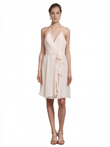 Rose crème Trapèze Licou Col V Mousseline Courte Robes demoiselle d'honneur / Robes de cocktail