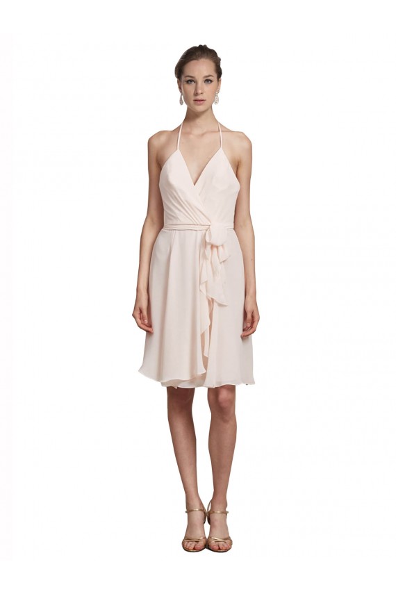 Rose crème Trapèze Licou Col V Mousseline Courte Robes demoiselle d'honneur / Robes de cocktail