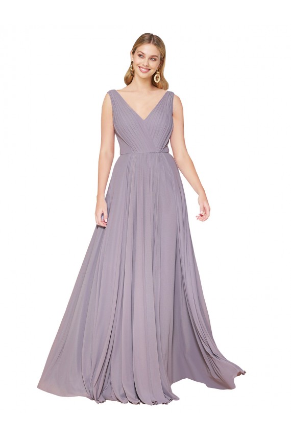 Rose poudré Trapèze Col V Mousseline Longue Formelles Robes demoiselle d'honneur / Robes de soirée / Robes de bal