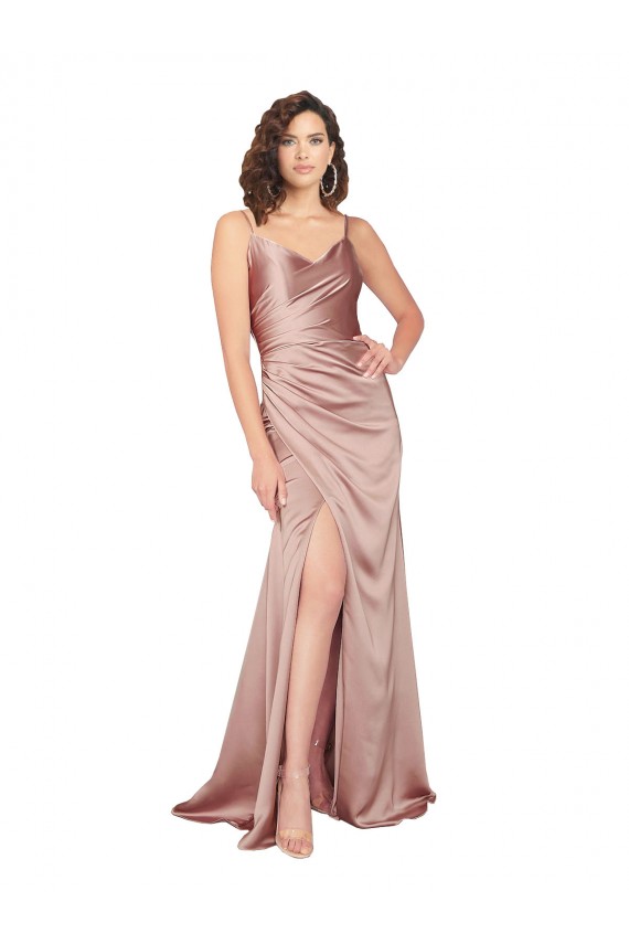 Rose poussiéreux Fourreau Col V Satiné Soyeux Longue Formelles Robes demoiselle d'honneur / Robes de soirée / Robes de bal