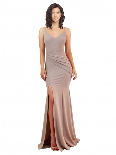 Rose poussiéreux Sirène Col V Crêpe Stretch Longue Formelles Robes demoiselle d'honneur / Robes de soirée / Robes de bal
