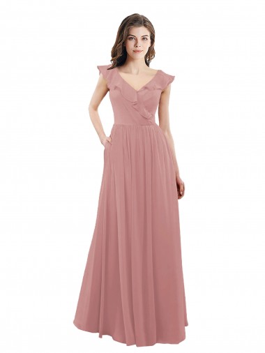 Rose poussiéreux Trapèze Col V Mousseline Longue Robes demoiselle d'honneur