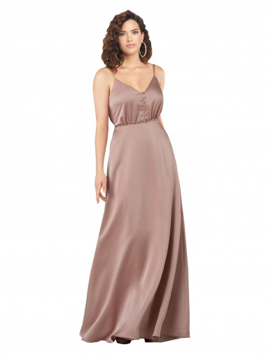 Rose poussiéreux Trapèze Col V Satiné Soyeux Longue Formelles Robes demoiselle d'honneur / Robes de soirée