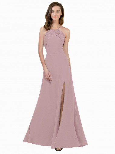Rose poussiéreux Trapèze Col bijou Col Haut Crêpe Stretch Longue Robes demoiselle d'honneur / Robes de bal