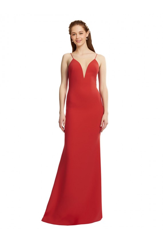 Rouge Sirène Bretelles spaghetti Col V Crêpe Stretch Longue Formelles Robes demoiselle d'honneur / Robes de soirée / Robes de bal