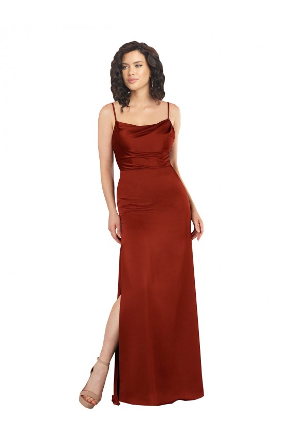 Rouge Trapèze Bretelles spaghetti Col Carré Satiné Soyeux Longue Formelles Robes demoiselle d'honneur / Robes de soirée / Robes de bal