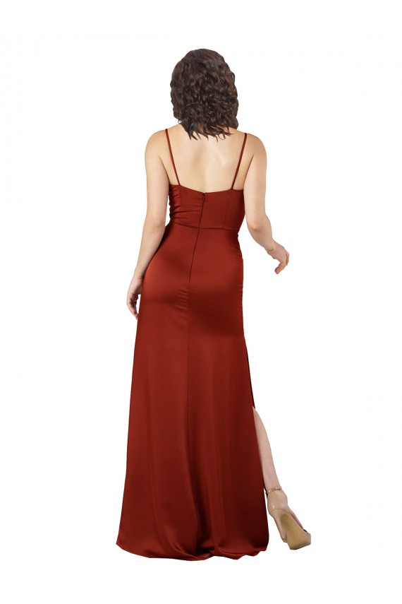 Rouge Trapèze Bretelles spaghetti Col Carré Satiné Soyeux Longue Formelles Robes demoiselle d'honneur / Robes de soirée / Robes de bal