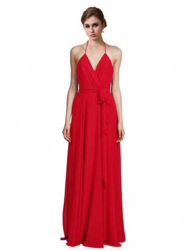 Rouge Trapèze Bretelles spaghetti Col V Mousseline Longue Robes demoiselle d'honneur