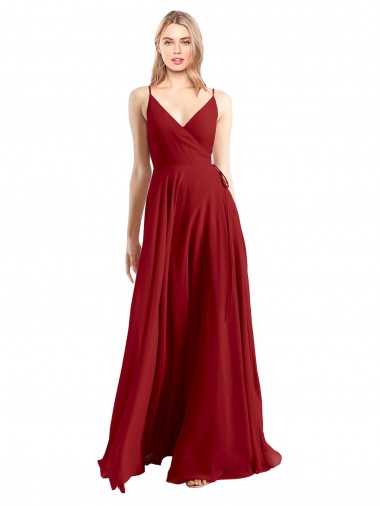 Rouge Trapèze Bretelles spaghetti Col V Mousseline Longue Robes demoiselle d'honneur