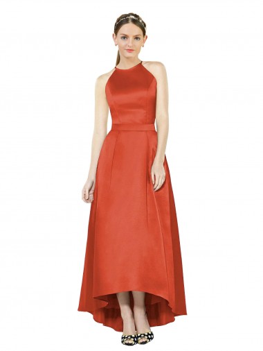 Rouge Épice Trapèze Licou Satiné Longue Asymétrique Robes demoiselle d'honneur