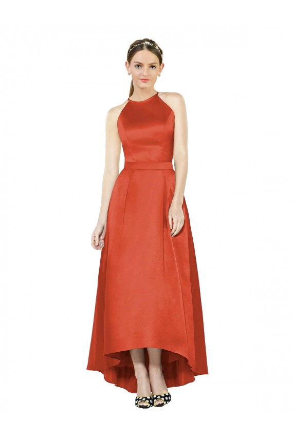 Rouge Épice Trapèze Licou Satiné Longue Asymétrique Robes demoiselle d'honneur