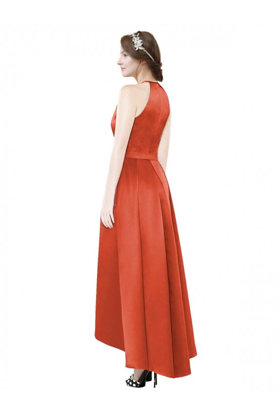 Rouge Épice Trapèze Licou Satiné Longue Asymétrique Robes demoiselle d'honneur