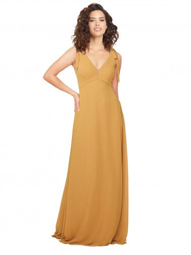 Safran Trapèze Col V Mousseline Longue Robes demoiselle d'honneur