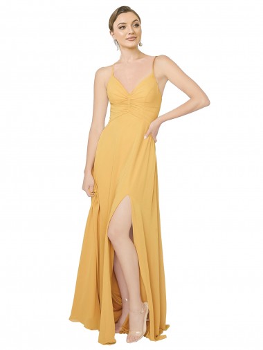 Safran Trapèze Col V Mousseline Longue Robes demoiselle d'honneur