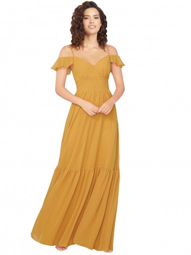 Safran Trapèze Col V Mousseline Longue Robes demoiselle d'honneur