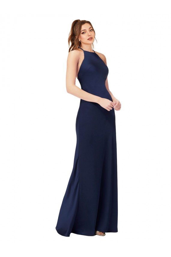 Saphir Fourreau Col Haut Satiné Soyeux Longue Formelles Robes demoiselle d'honneur / Robes de soirée / Robes de bal